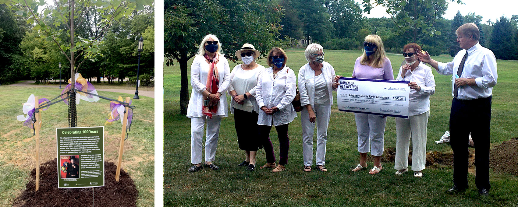 Allegheny County Parks Foundation Executive Director Caren Glotfelty (center) receives the first donation to the Suffragist Grove from Women of Wet Weather. County Executive Rich Fitzgerald is on hand to announce the project.