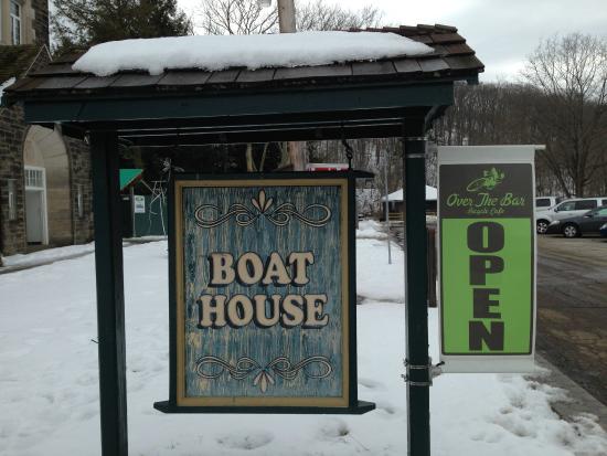 Boat House sign in snow