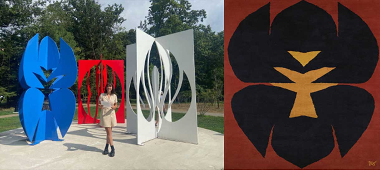 Left: Student in front of Jack Youngerman’s Totem:Lamina:Limbus, 1979 Right: Jack Youngerman’s Totem Blue, 1970’s. Credit: Wright Auction